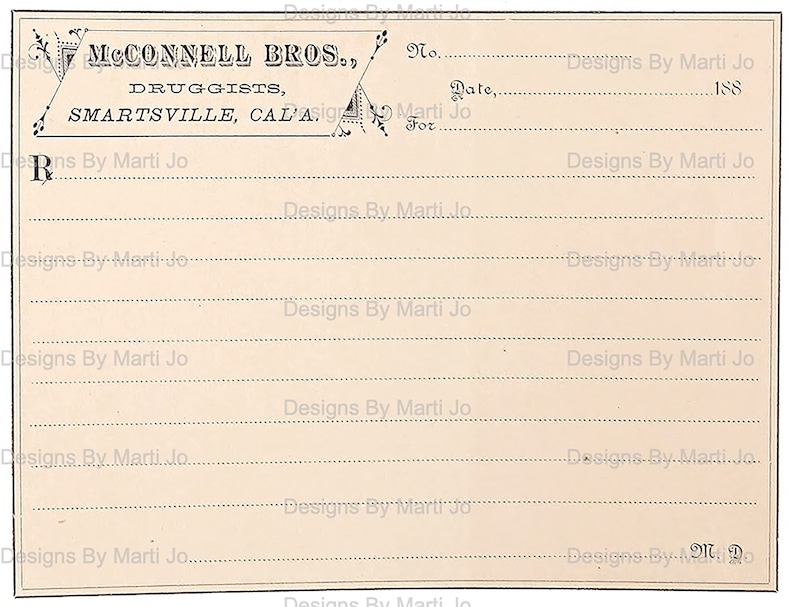 May include: A vintage prescription form from McConnell Bros. Druggists in Smartsville, California. The form has lines for the date, number, and for whom the prescription is for. The form is printed on cream-colored paper with black ink.