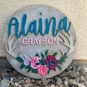 Deer Antler Floral Boho Nursery Name Sign, Girl Personalized Baby Wall Decor