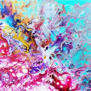 May include: Abstract painting with swirling colors of pink, purple, blue, white, and gold. The paint is thick and textured, creating a dynamic and energetic composition.
