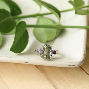 Prasiolite and orchid amethyst sterling silver and 14k gold ring