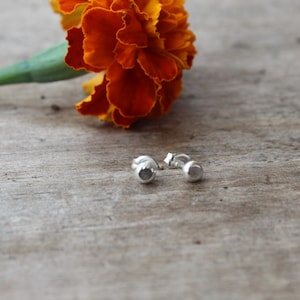May include: A pair of silver stud earrings with a textured, round design. The earrings are displayed on a wooden surface with a single orange marigold flower.
