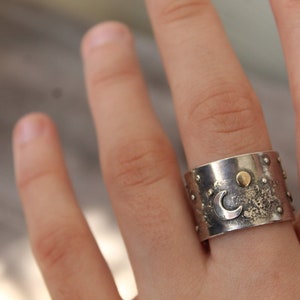 Moon, Sun and stars 14k gold and sterling silver wide band ring