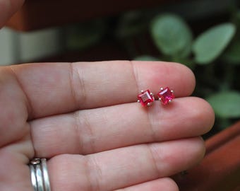Ruby princess cut Sterling silver stud earrings