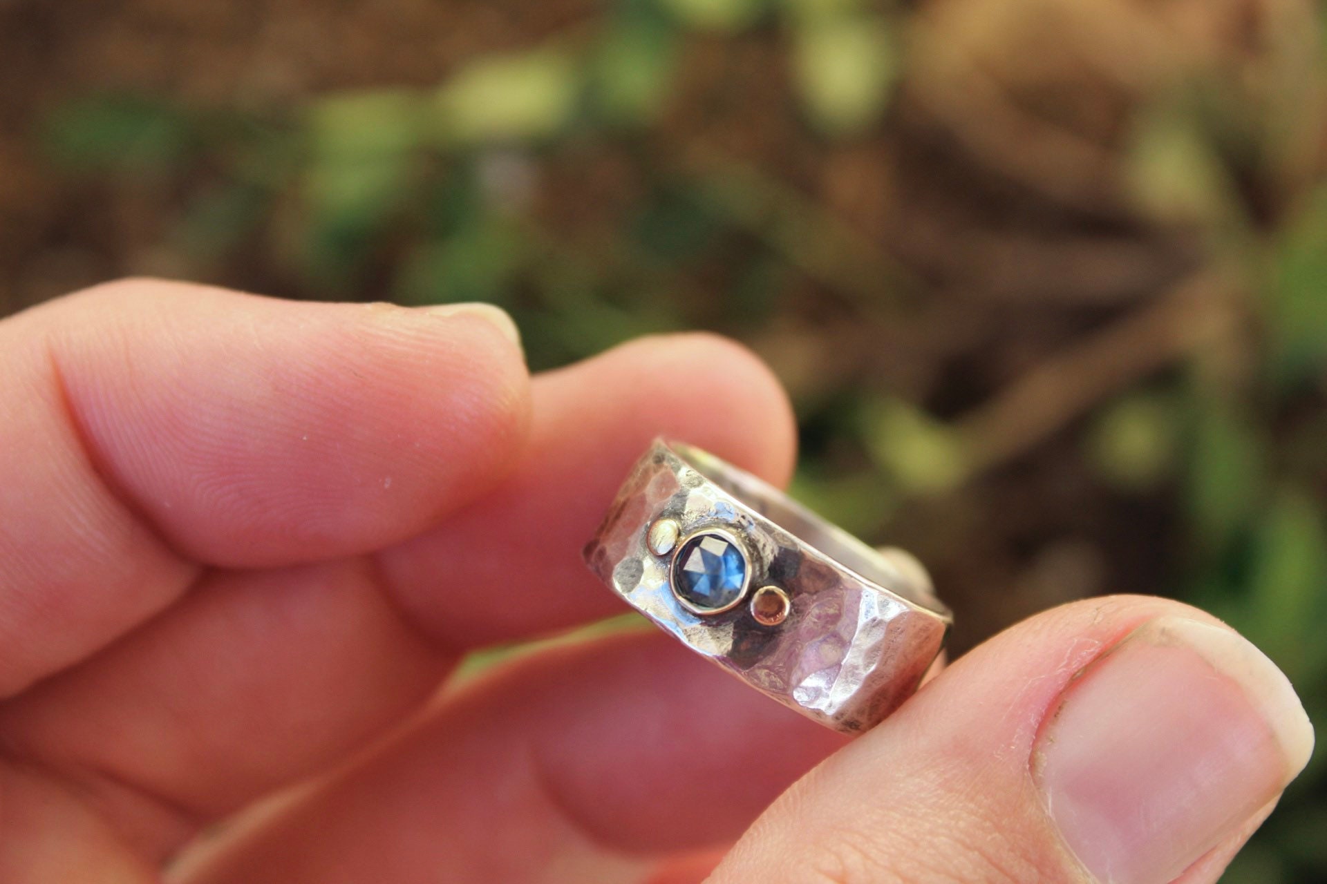 Montana Sapphire sterling silver and 14k gold band ring made to order