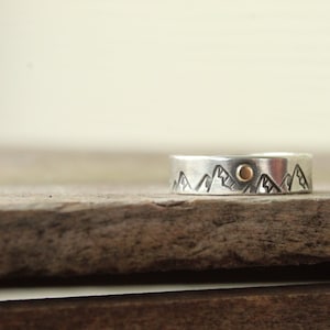 Mountain sunrise sterling silver and 14k gold band ring made to order