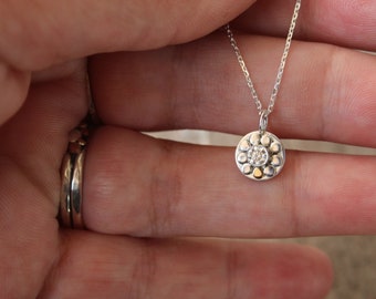 Moissanite sterling silver and 14k gold mosaic pendant