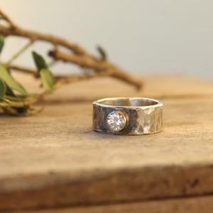 Moissanite or Montana Sapphire sterling silver and 14k gold ring