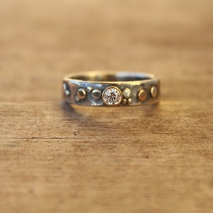 Montana sapphire, Diamond or moissanite 14k gold bezel set heavy sterling silver hammered band ring made to order