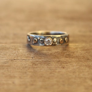 Diamond or moissanite 14k gold bezel set heavy sterling silver hammered band ring made to order