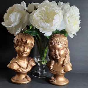 Vintage Boy and Girl Head Bust by Universal Statuary Corp Chicago 22, 1962, Golden and Dark Brown, Head Statue, Boy and Girl Head Statue