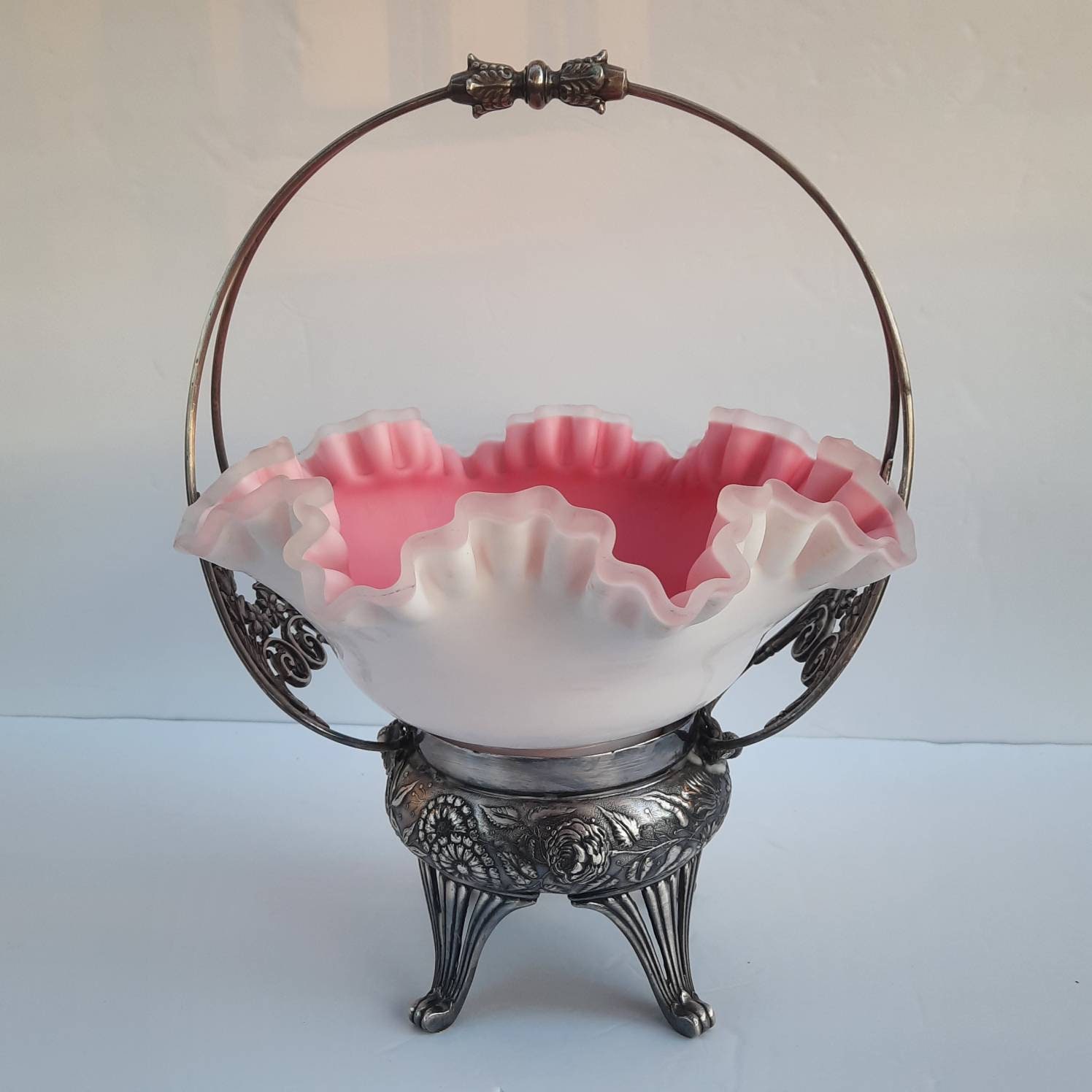 Antique Fenton Ruffled Glass Basket: Pink & White Bridal Basket