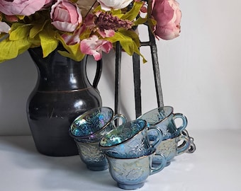 Vintage Iridescent Blue Indiana Glass Co Grape Harvest Set of 6 Glass Cups, Blue Carnival Glass Cups, Vintage Carnival Glass