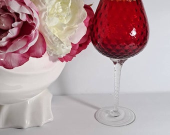 Vintage Red Empoli, Optic Diamond, Tall Goblet, Art Glass, 10.5 Inches, MCM Glass, Red Optic Glass,