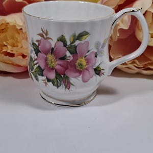 Rare Royal Albert Mug, Prairie Rose Pattern, Bone China, Montrose Shape, Gold Trim, Pink Roses, Made in England