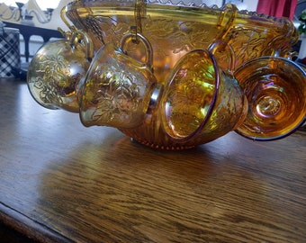 Vintage Amber Glass Punch Bowl Set: Indiana Glass Grape Harvest, 14-Piece