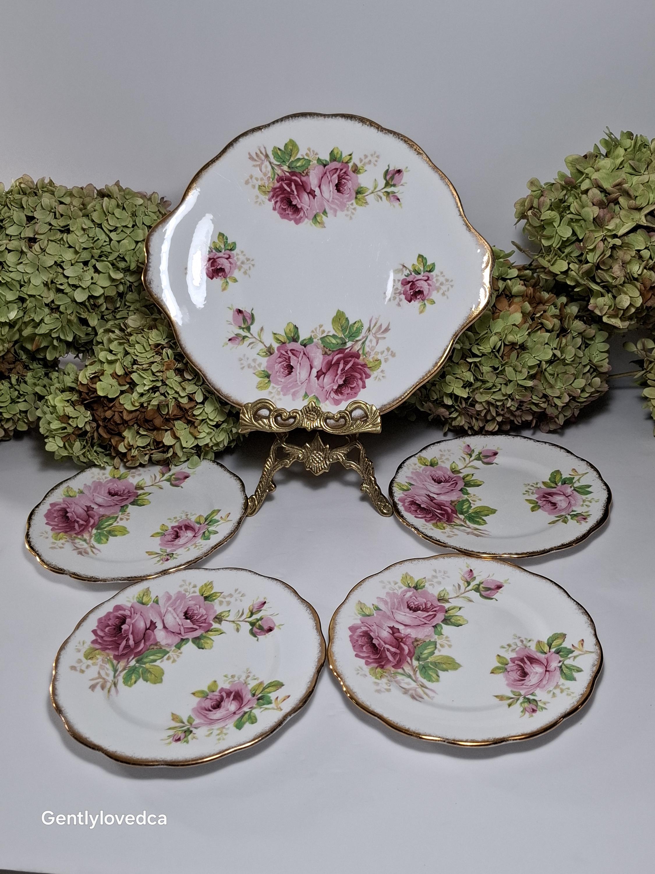 Vintage Royal Albert Cake Plate Set: American Beauty Roses, Gold Trim (5 Piece)