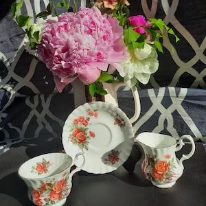 Vintage Royal Albert Bone China Creamer, Teacup and Saucer, Centennial Rose Made in England