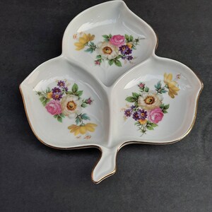 Vintage Mitterteich Porcelain Grape Leaf Shaped Candy or Nut Dish with English Flowers. Made in Germany. #039 6069