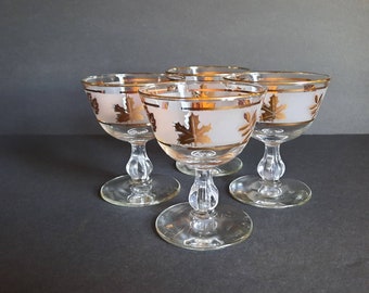 Vintage Champagne Glasses, Vintage Libbey Glasses, Frosted Border, Gold Leaf Foliage, Vintage Cocktail Glasses