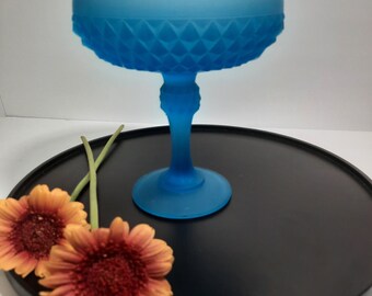 Vintage Frosted Blue Indiana Diamond Point Glass Pedestal Candy Dish