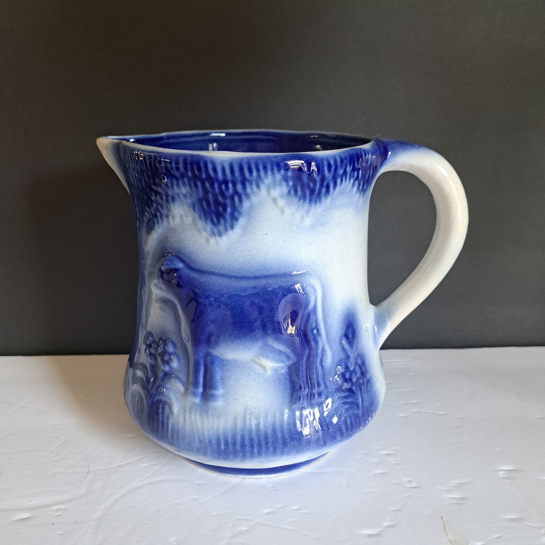 Pitcher / Milk Pitcher / Antique Flow Blue Cow Milk Pitcher / 52 Ounce