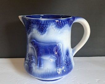 Antique Flow Blue Cow Milk Pitcher: Farmhouse Cottage Decor
