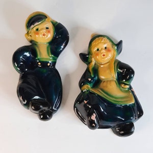 Vintage Chalkware Dutch Boy and Girl, Wall Decor, Mid Century Chalkware Art, Green and Yellow Dressing, Some Wear and Chip off the Paint