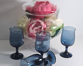 Vintage Tulip Dusky Blue Wine Glass Set By Libbey, Set of 4