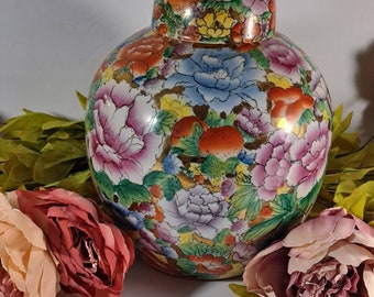 Vintage Ginger Jar, Famille Rose, Not Stamped, Pink Orange Blue Yellow Roses, Lotus and Lilies