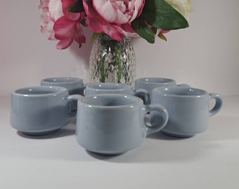 Antique Buffalo China Restaurant Ware, Diner, Blue Lune, Stacking Coffee Cups, Set of 6, Blue Ironstone