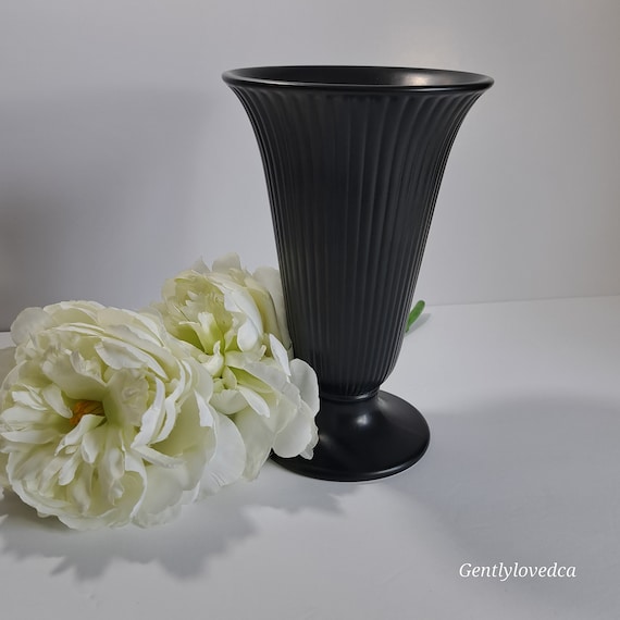Vintage Wedgwood Ravenstone Bell Vase: Black Matte Glaze, Ribbed Gothic Decor