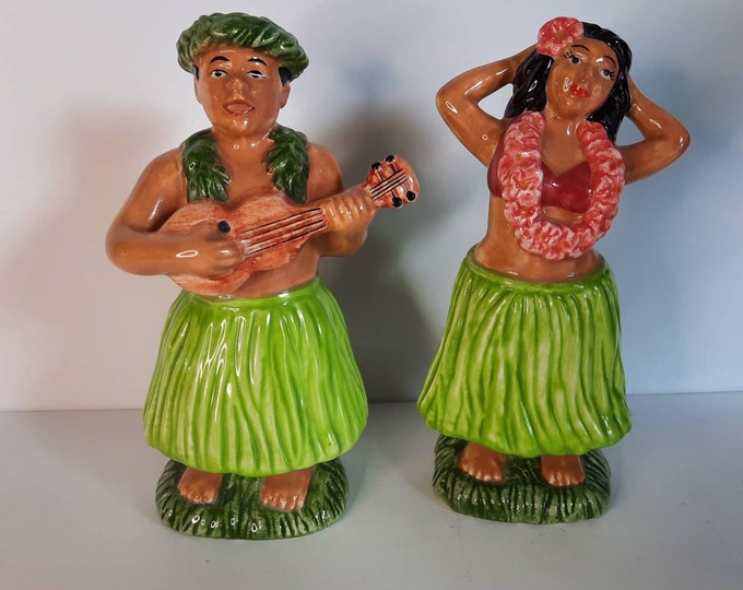 Clay Art Hula Girl and Boy Salt & Pepper Shakers, Marked With C A and