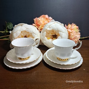 Vintage Teacups,  Saucers and Dessert Plates by Royal Albert Bone China, Made in England "VAL D'OR" White Gold, 2 Trios
