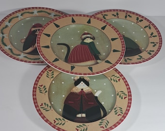 Oneida Fiddlestix Holiday Cats Salad Plates, Christmas Stoneware, Set of 4