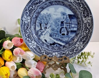 Antique Blue and White Plate: German Windmill Landscape, c1900