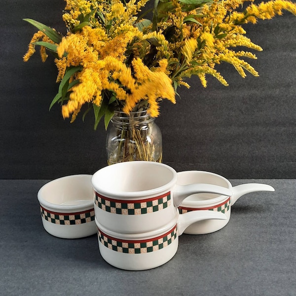 Vintage Betty Crocker French Onion Soup Bowls, Country Inn Collection, Off White with Red, Brown and Green Border. 4pcs.