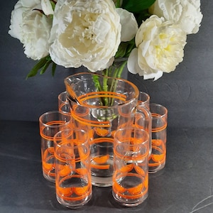 Vintage Juice/Lemonade Jug/Pitcher Set with 6 Tall Glasses, Half Oranges, Made in Mexico, Clear and Orange, Heavy Pitcher
