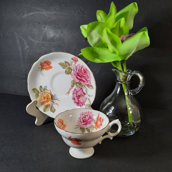 Vintage Hammersley Teacup and Saucer, La France Pattern, Orange, Yellow and Pink Roses, Bone China, Made In England,