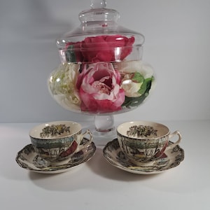Vintage Teacups and Saucers, Johnson Bros Reg US PAT OFF, Made in England, Set of 2. The Ice House, The Friendly Village. 4 Pcs.