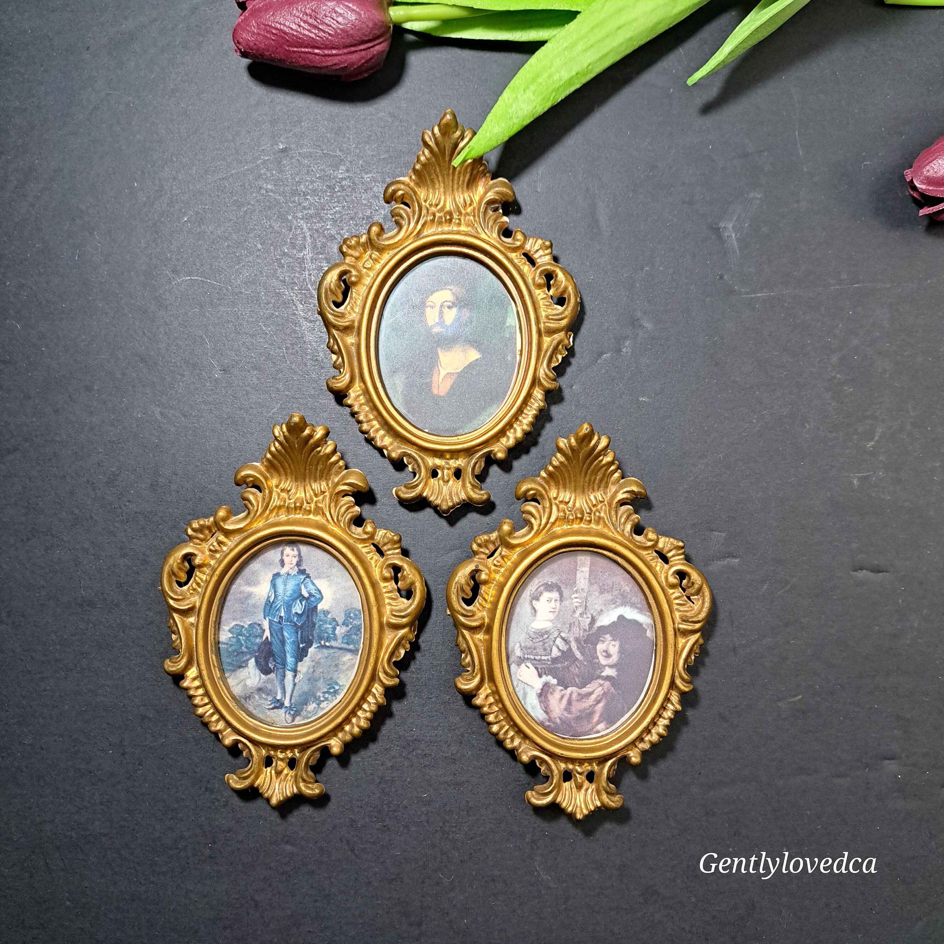 3 Vintage Oval Miniature Pictures, Ornate Gold Gilt Plastic