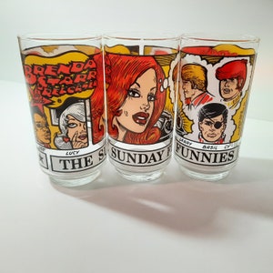 Vintage The Sundays Funnies Drink Glasses. 3pcs