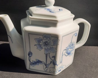 Blue and White Porcelain Tea Pot from the Toscany Collection. Made in Taiwan. Blue Lotus Flowers. Great Condition, No Chips and No Cracks