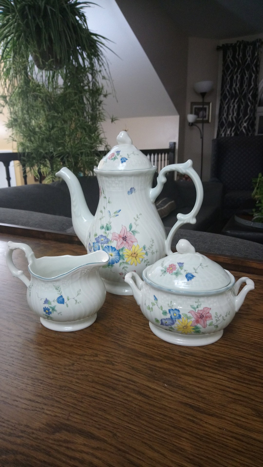 Vintage Mikasa Teapot, Sugar Bowl and Creamer Set, Antique Green D3401