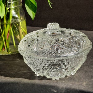 Vintage Pressed Clear Glass Bowl with Lid, Glass Designed with Hearts and Flowers Finials