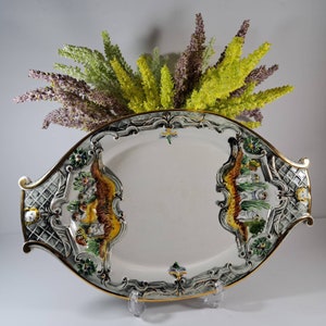 Vintage Majolica Oval Serving Platter by Pereiras Valado, Hand painted, Made in Portugal, Crazing Under the Glaze
