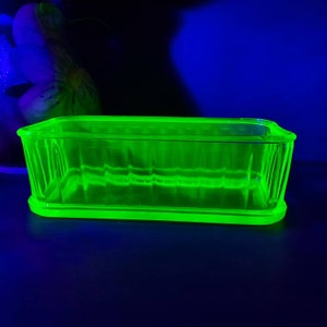 Vintage Pressed Green Uranium Glass, Large Refrigerator Dish, Uranium Glass Rectangular Dish, NO LID