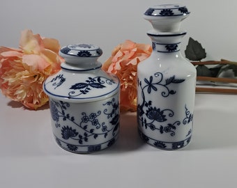 Vintage Small Decanter and Lidded Jar By Vienna Woods, Blue Onion Pattern, Fine China,