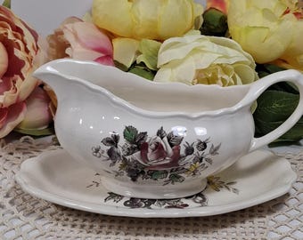 Vintage J&G Meakin Gravy Boat with Underplate: Gainsborough Ironstone, Made in England