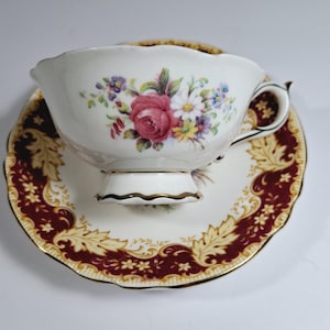 Vintage Paragon Footed Teacup and Saucer Set, White China, Burgundy Floral Pattern , Double Warranted, Fine Bone China, Made in England