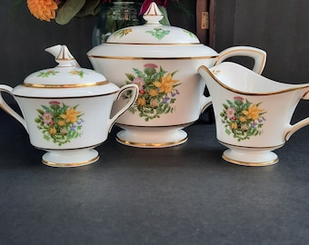 Vintage Royal Worchester Tea Pot, Creamer and Sugar Bowl. Fine Bone China L&#39;Atelier Art Editions Set. 3 Pcs